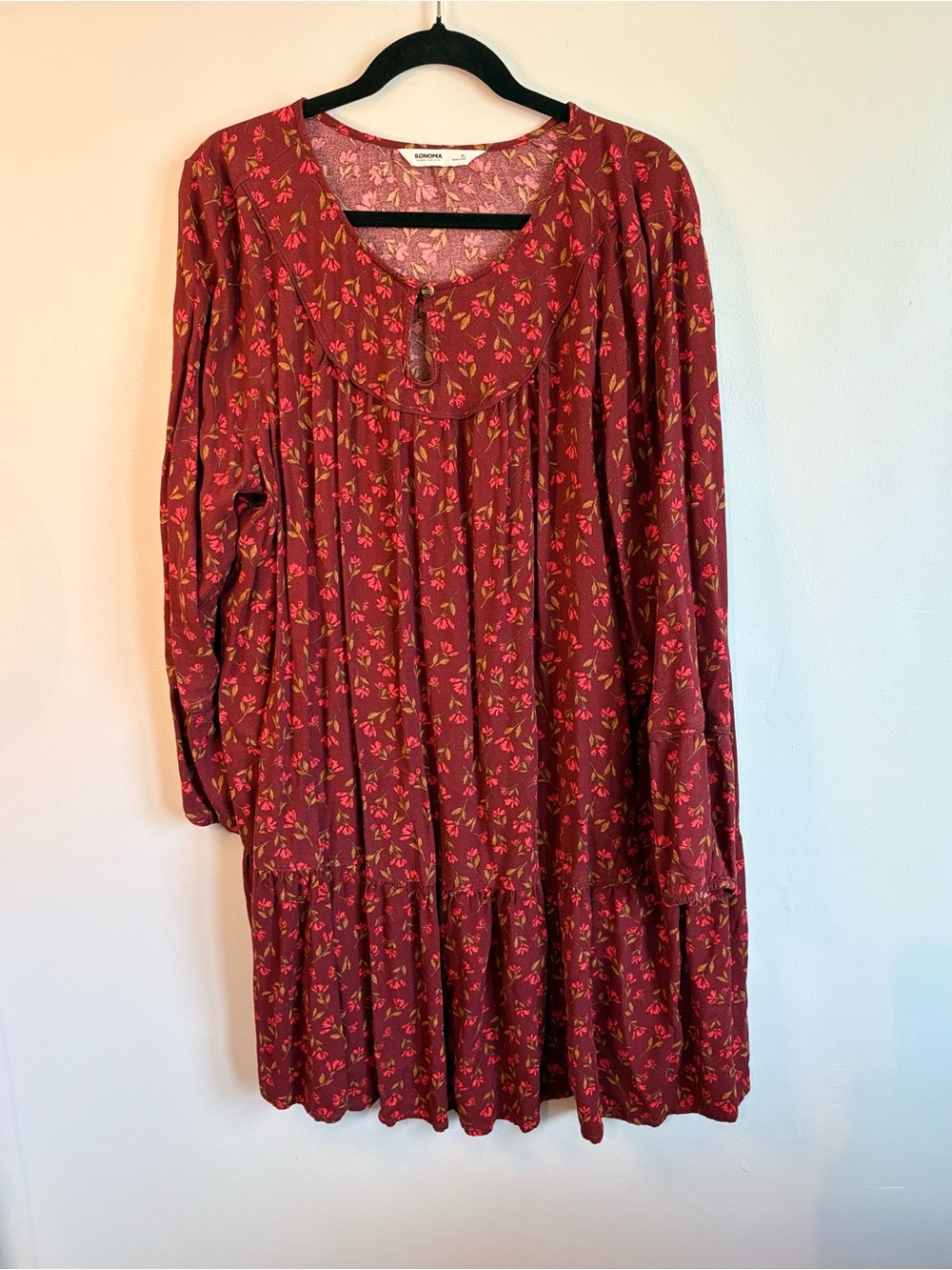 Sonoma Burgundy Floral Long-Sleeve Swing Dress